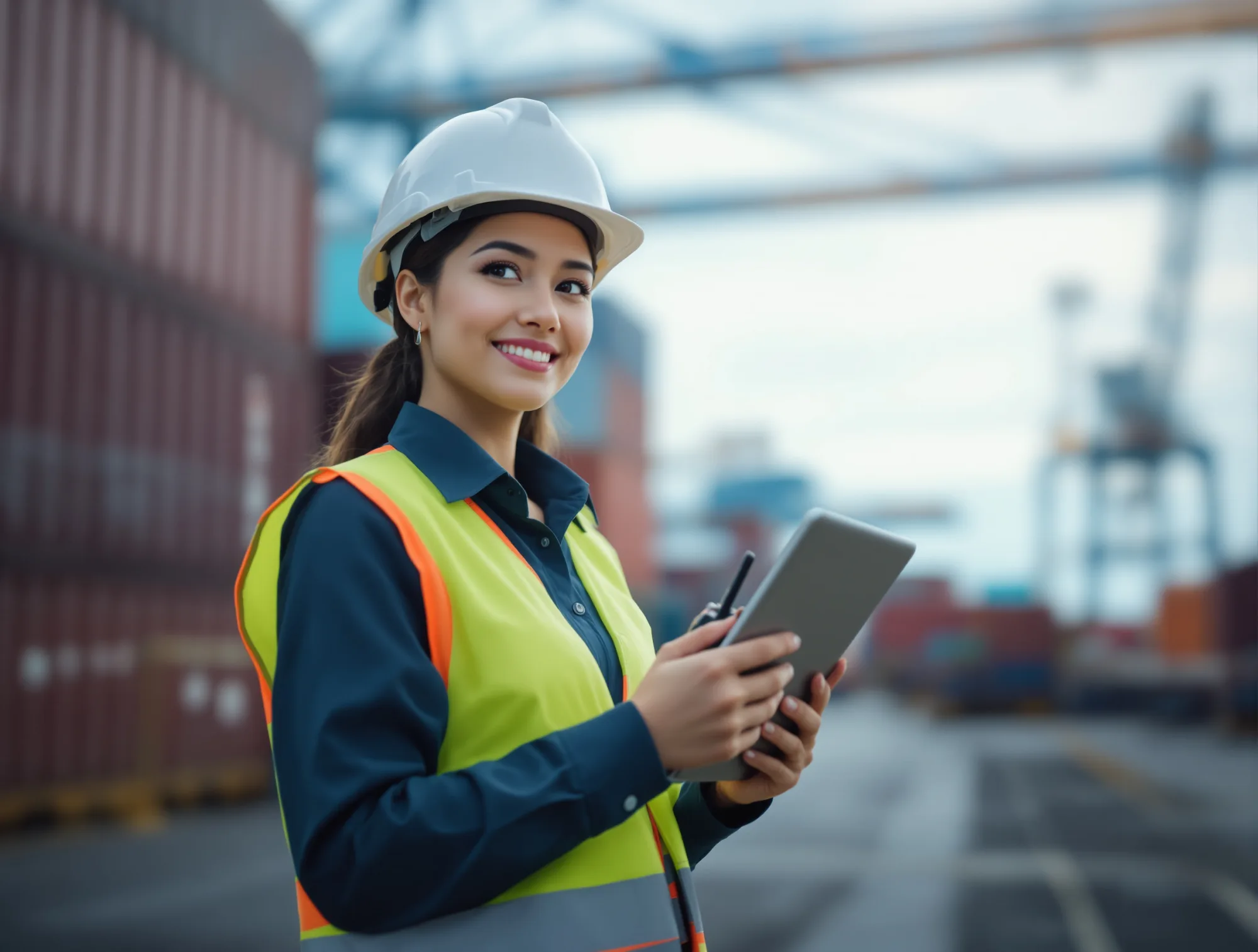 Supervisor logistik berhelm memegang radio dan tablet di pelabuhan peti kemas