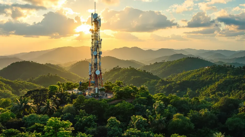 Menara telekomunikasi di atas perbukitan tropis
