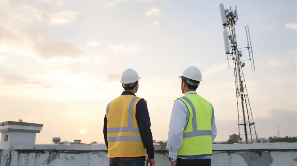 Teknisi memasang perangkat antena saat fajar